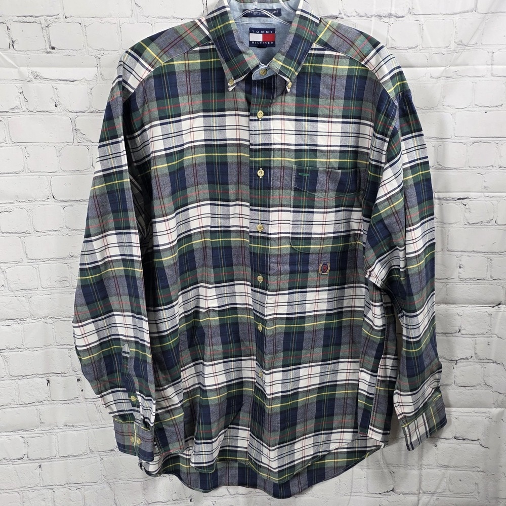 VTG Tommy Hilfiger Shirt Mens Med.‎ Green Plaid Button Down Tartan Y2K